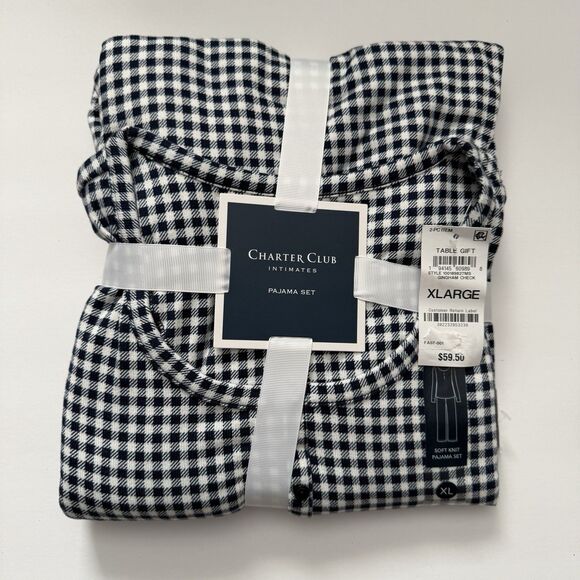NWT Charter Club Women 2 Piece Pajama Set Blue White Gingham Check Soft Knit - Picture 2 of 3